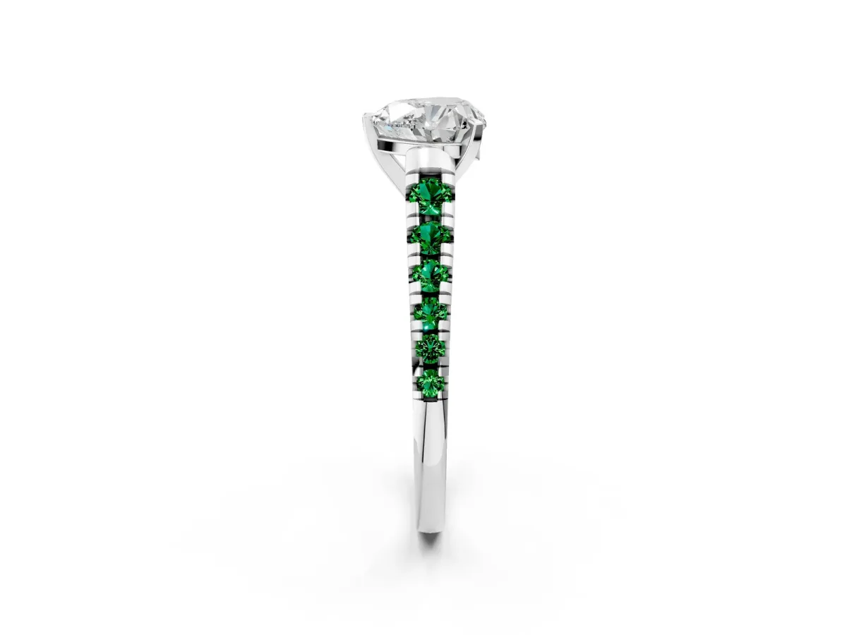 Heart Cut Diamond Cathedral Solitaire Ring with Round Emerald Pavé Band Silver