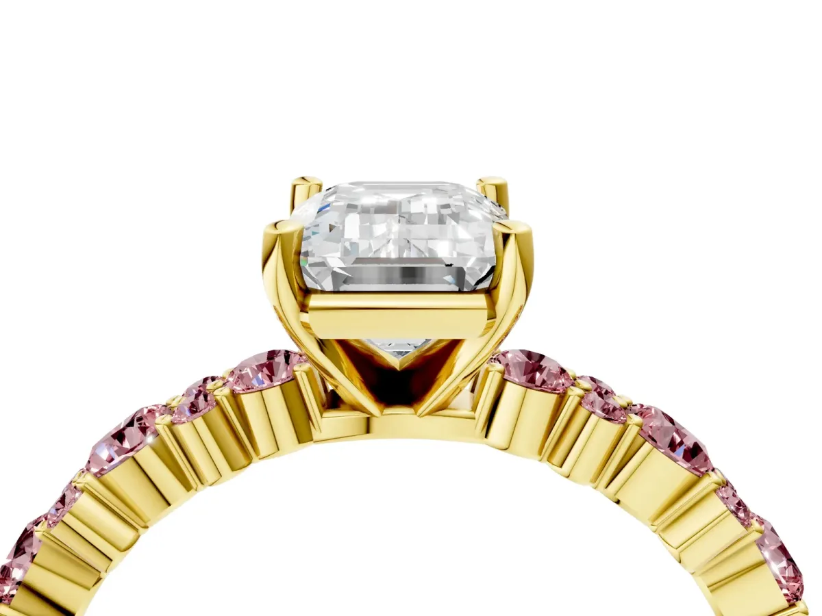 Emerald Cut Diamond Side Stone Solitaire Ring with Round Morganite and Four-Prong Setting Yellow gold