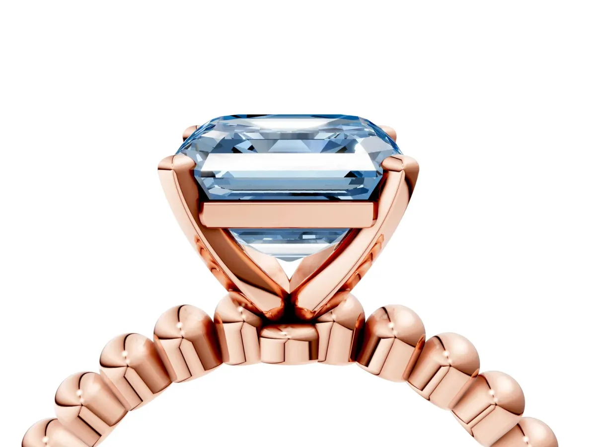 Fancy Blue Asscher Cut Diamond Solitaire Ring with Beaded Band and Prong Setting Rose gold
