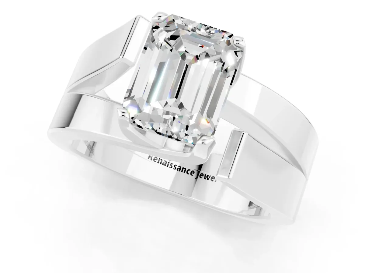 Modern Tension Set Emerald Cut Moissanite Solitaire Wide Band Ring Silver