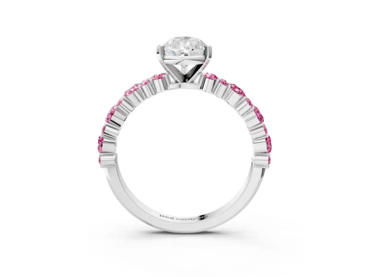 Pear Cut Diamond Side Stone Solitaire Ring with Round Pink Sapphire and Four-Prong Setting Platinum