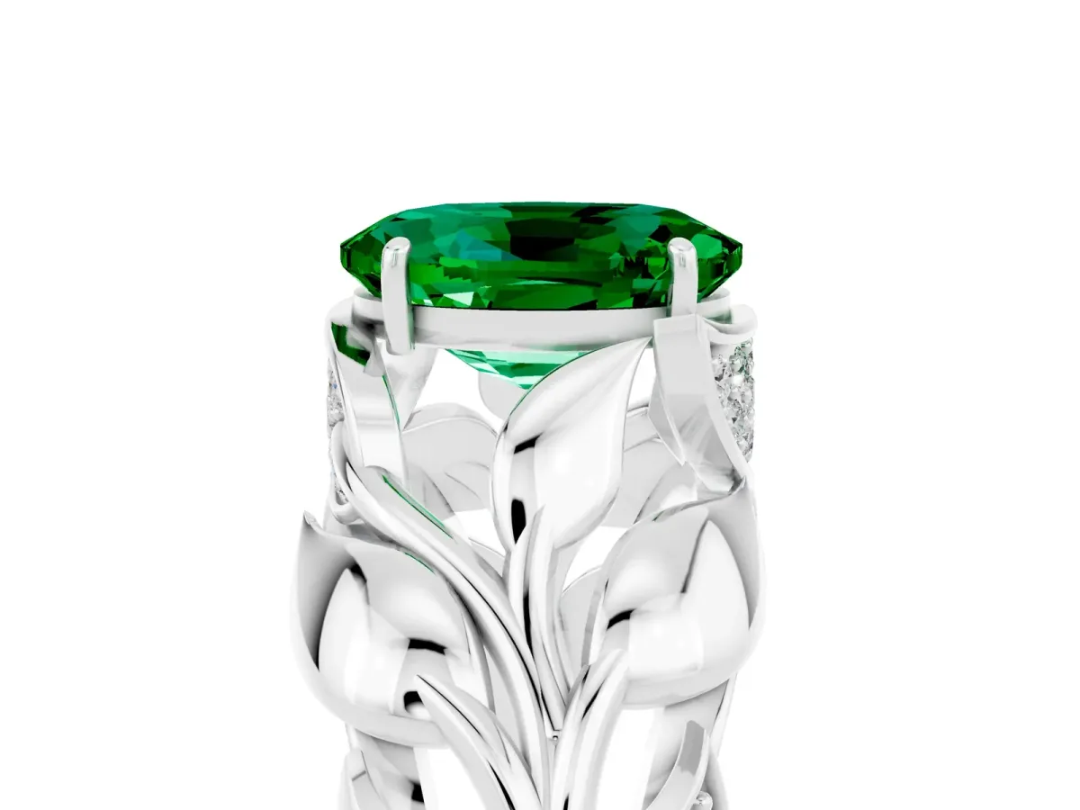 Oval Cut Emerald Leaf-Inspired Engagement Ring with Round Accents and Prong Setting Platinum