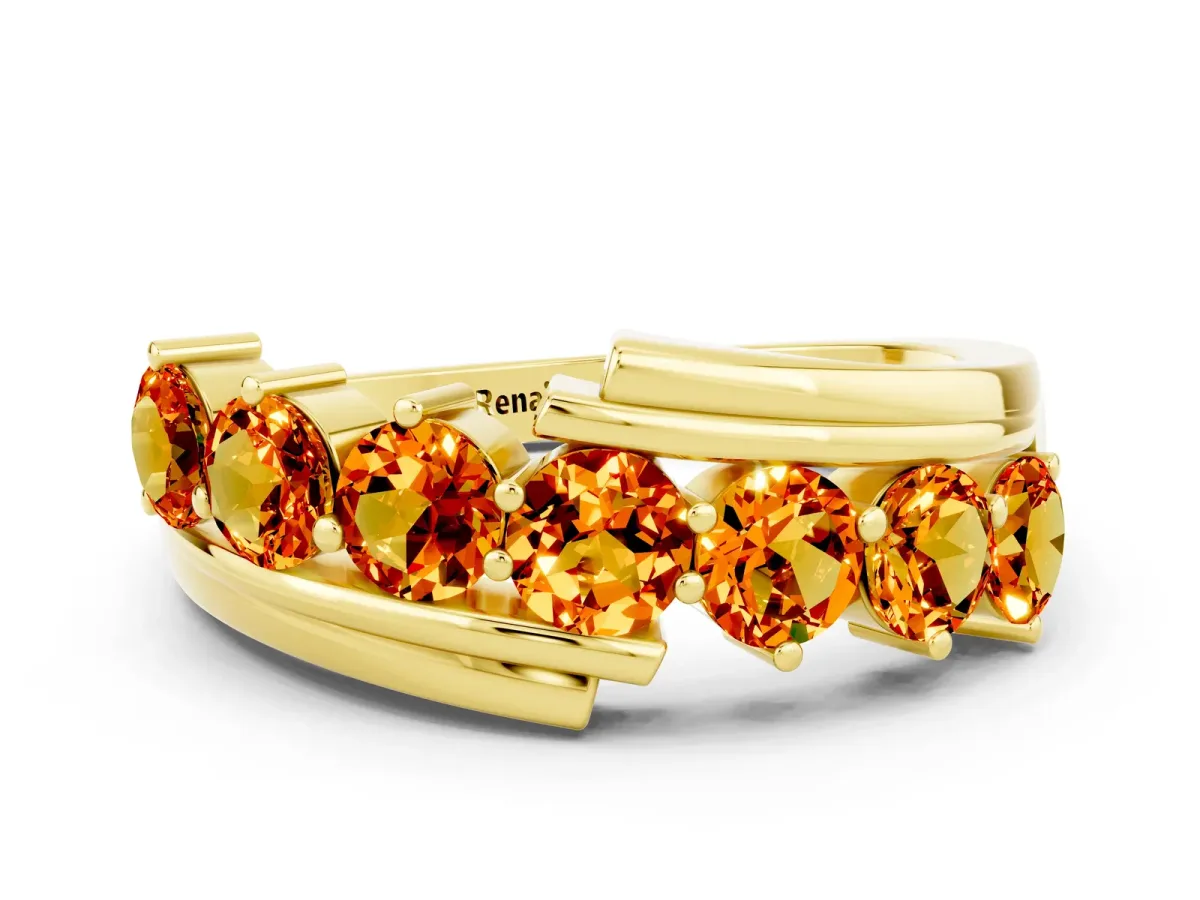 Round Citrine Wave Band with Channel and Shared Prong Setting Yellow gold