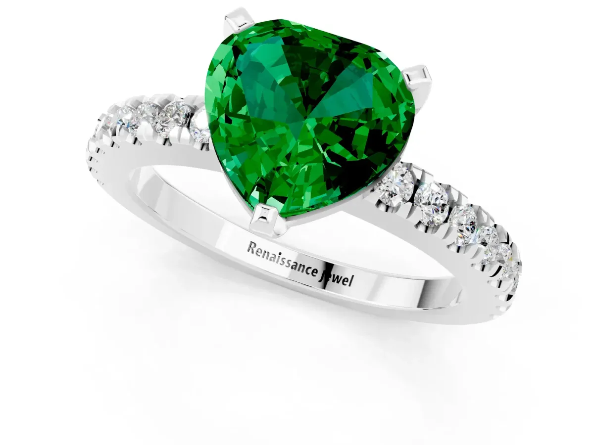 Heart Cut Solitaire Emerald with Pavé Band and Four-Prong Setting Silver
