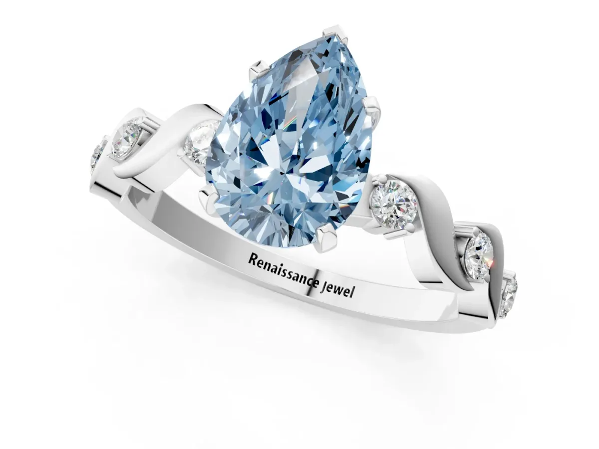 Fancy Blue Pear Cut Diamond Solitaire Twisted Band with Round Accents and Prong Setting Silver