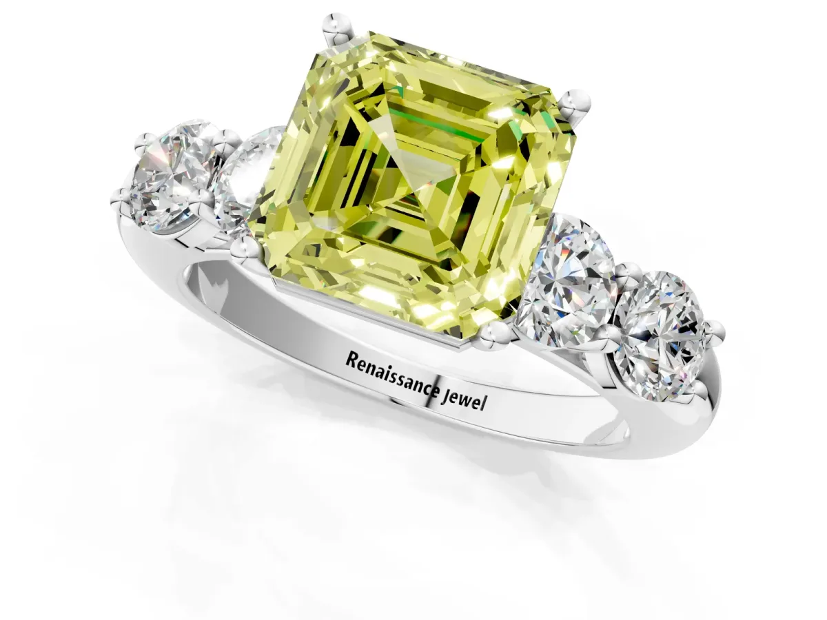 Fancy Yellow Asscher Cut Cut Five-Stone Prong Set Diamond Ring with Classic Band Platinum