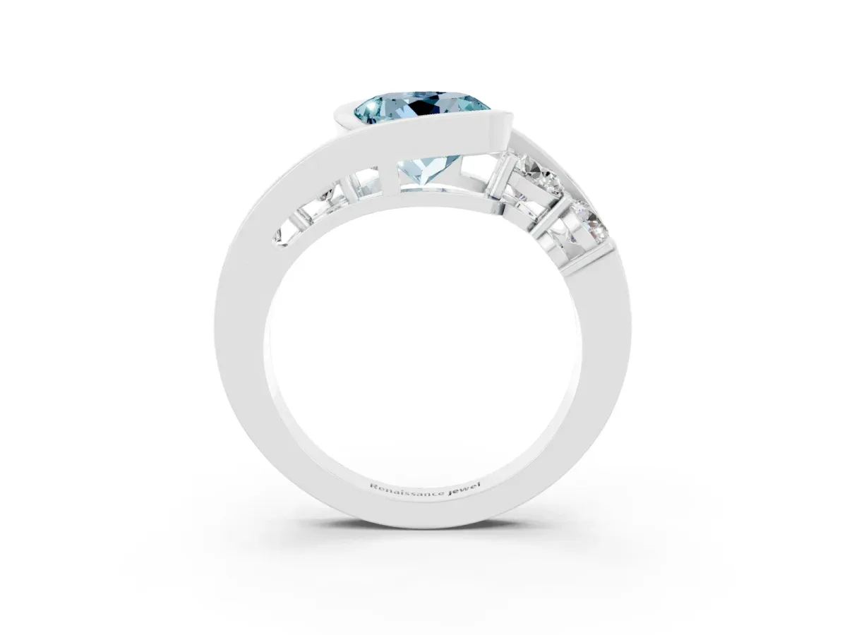 Bezel Set Round Cut Aquamarine Bypass Ring with Round Accents Platinum