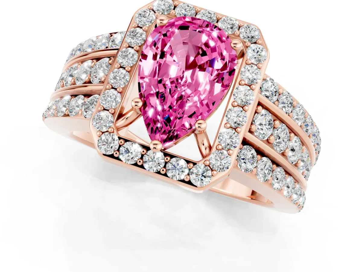 Pear Cut Halo Pink Sapphire Ring with Round Split Shank and Prong Setting Rose gold