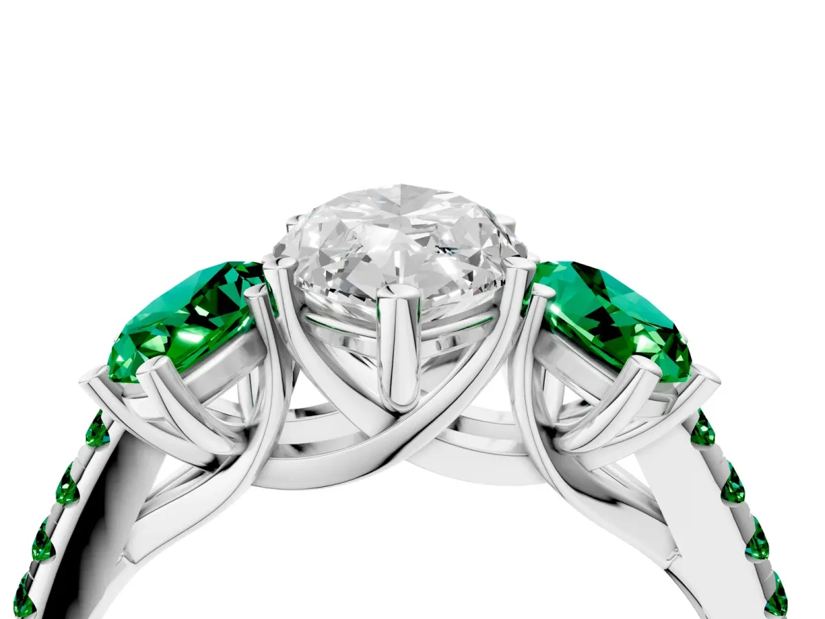 Three-Stone Marquise Cut Diamond Ring with Round Emerald Pavé Band and Prong Setting Silver
