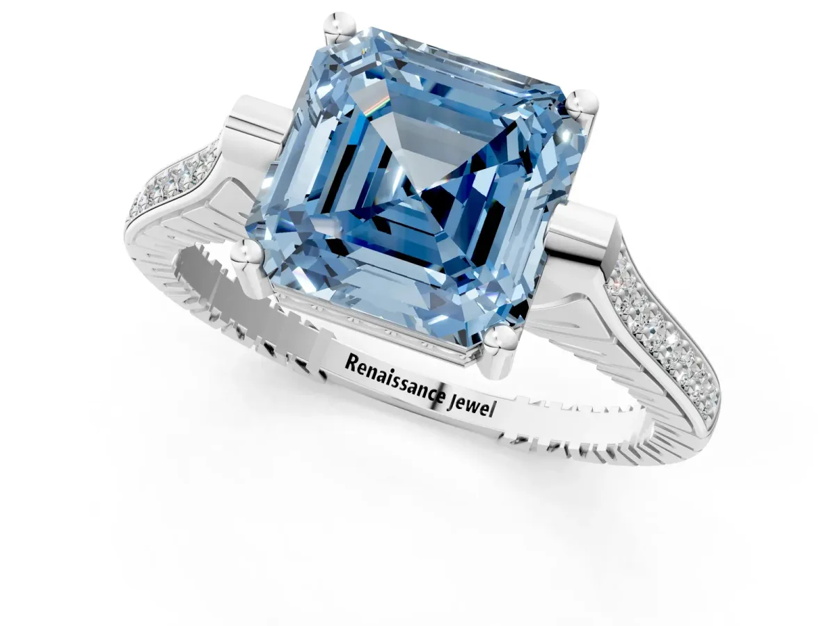 Fancy Blue Asscher Cut Solitaire Diamond Ring with Channel Set Band and Bezel Prong Setting Platinum