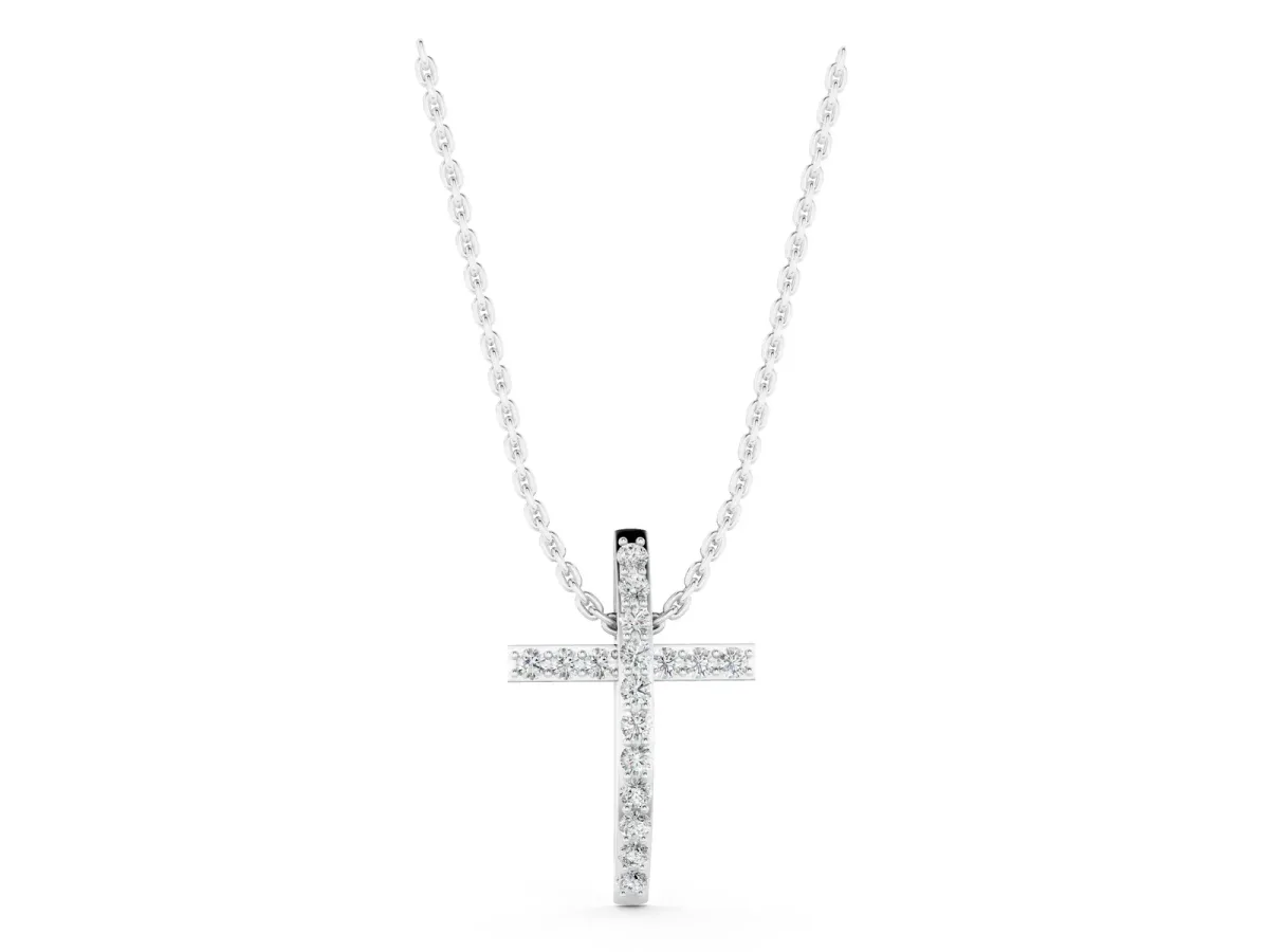 Pavé Round Diamond Cross Pendant with Prong Setting White gold