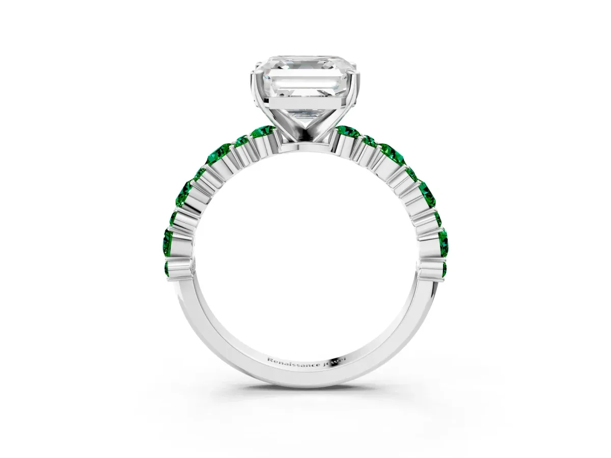 Asscher Cut Diamond Side Stone Solitaire Ring with Round Emerald and Four-Prong Setting Platinum