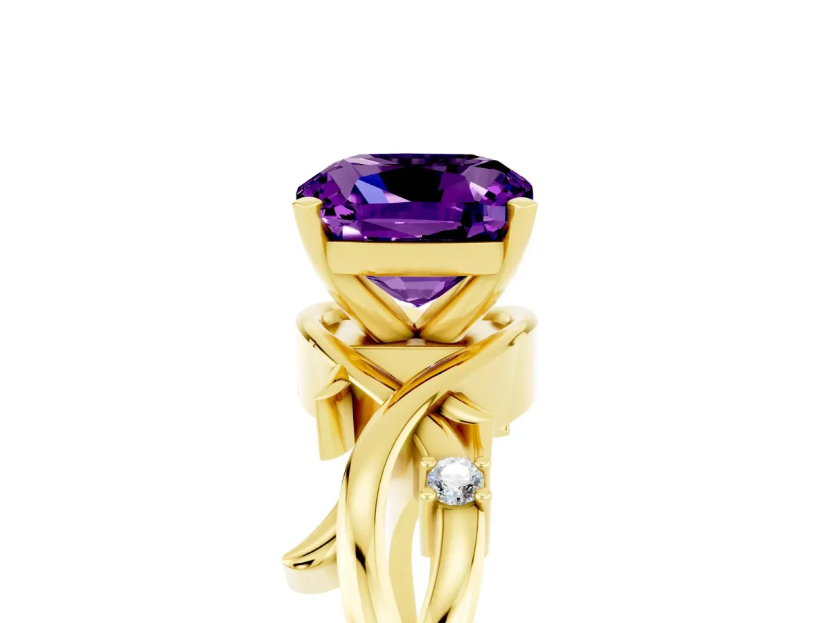 Cushion Cut Amethyst Solitaire Ring with Twisted Band and Prong Setting Yellow gold