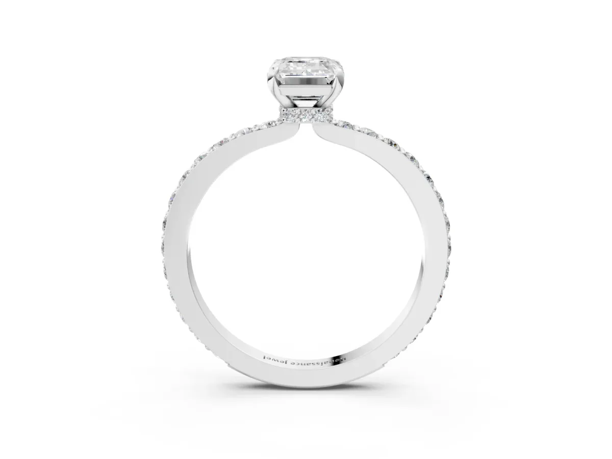Emerald Cut Diamond Solitaire Engagement Ring with Pavé Band and Four-Prong Setting Silver