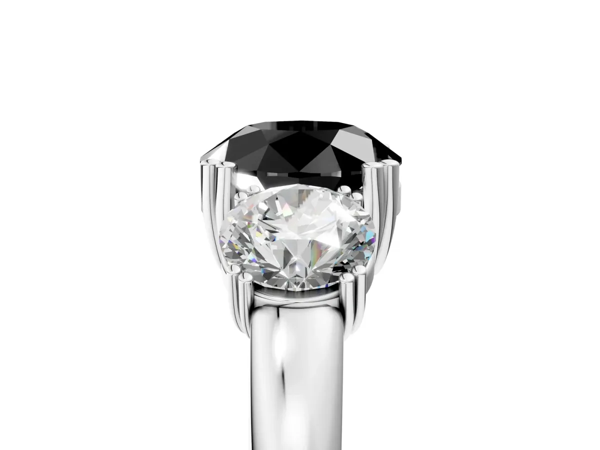 Fancy Black Three-Stone Round Cut Cut Diamond Ring with Channel Set Band and Four-Prong Setting Silver