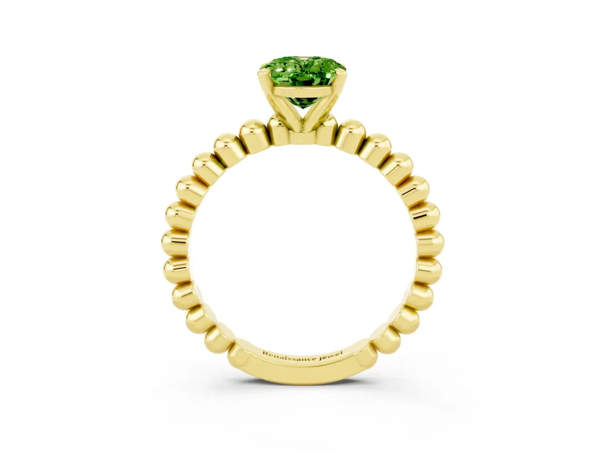 Oval Cut Peridot Solitaire Ring with Beaded Band and Prong Setting Yellow gold
