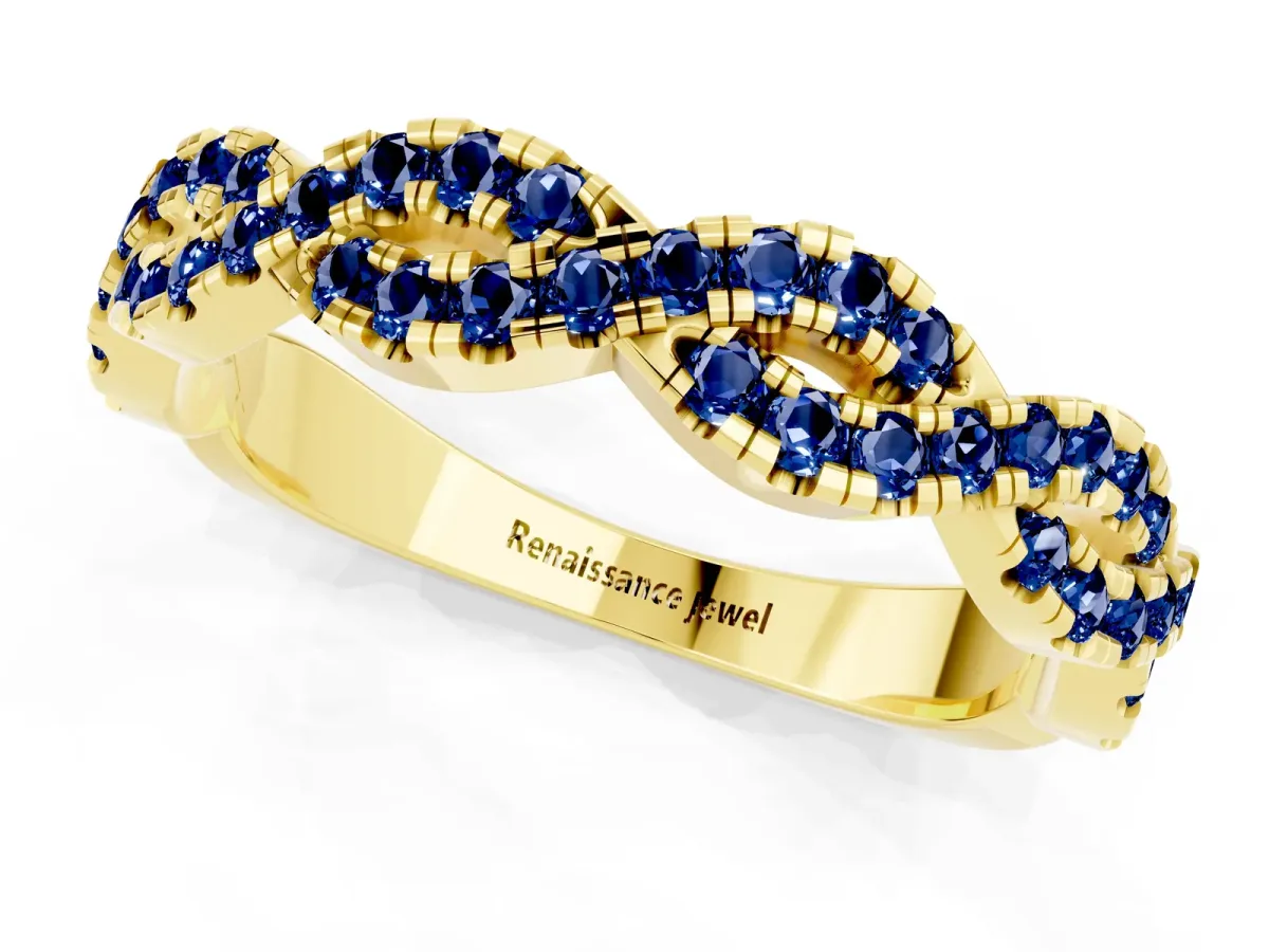Round Blue Sapphire Twisted Eternity Band with Pavé and Shared Prong Setting Yellow gold