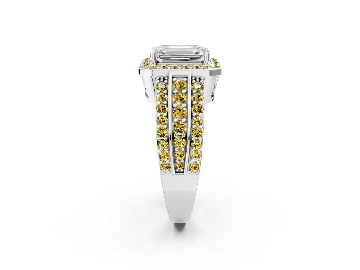 Emerald Cut Halo Diamond Ring with Round Yellow Sapphire Split Shank and Prong Setting Silver