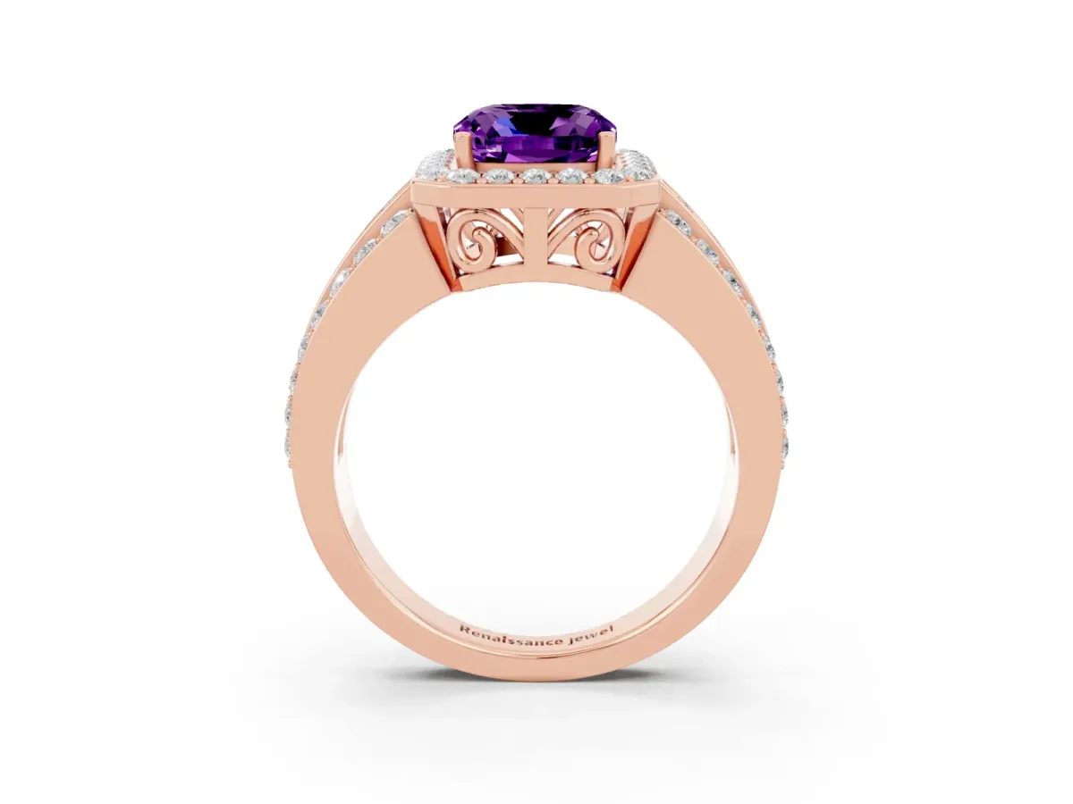 Cushion Cut Halo Amethyst Ring with Round Split Shank and Prong Setting Rose gold