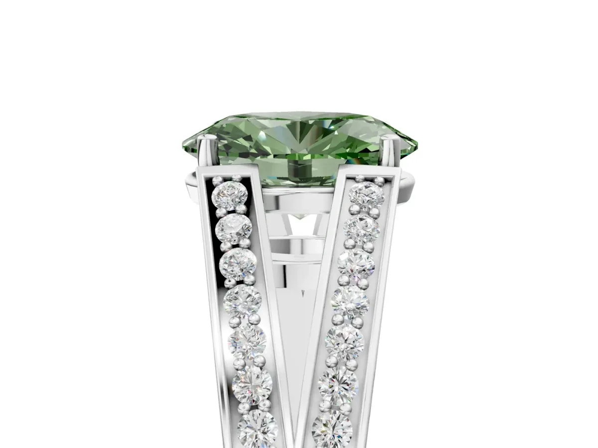 Fancy Green Oval Cut Diamond Split Shank Ring with Pavé Band and Four-Prong Setting White gold