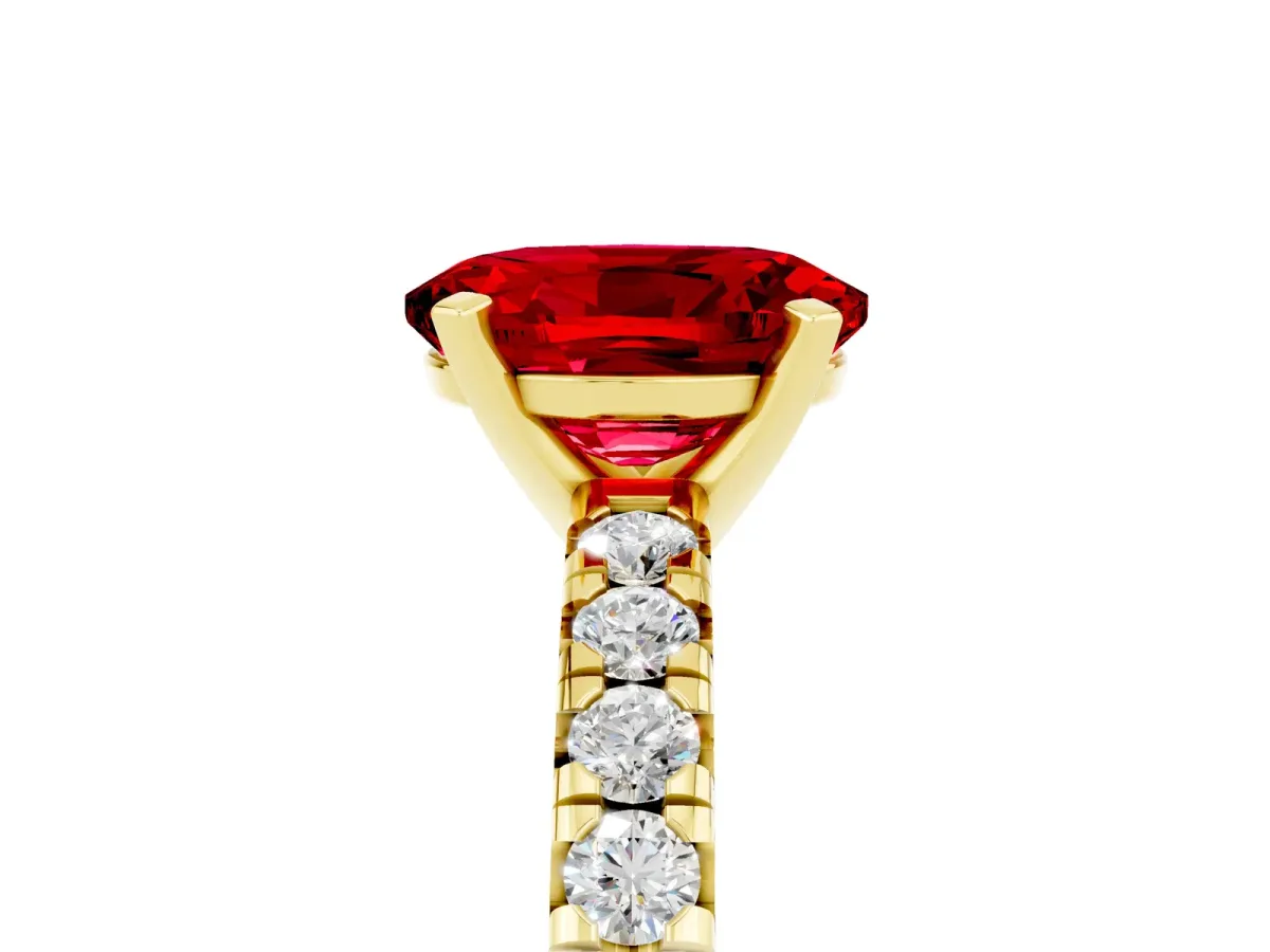Oval Cut Ruby Solitaire Pavé Engagement Ring with Round Band and Prong Setting Yellow gold