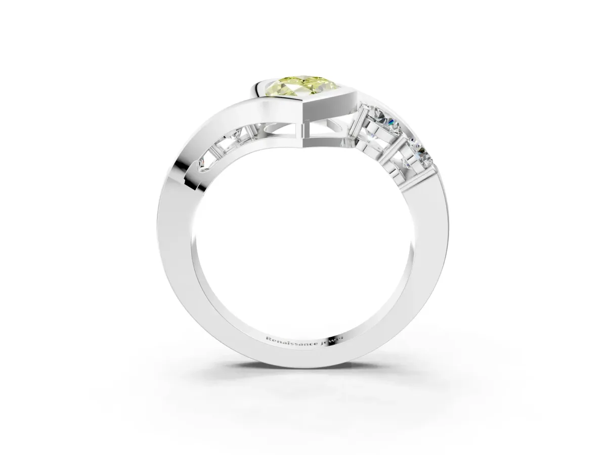 Fancy Yellow Bezel Set Marquise Cut Diamond Bypass Ring with Round Accents Silver