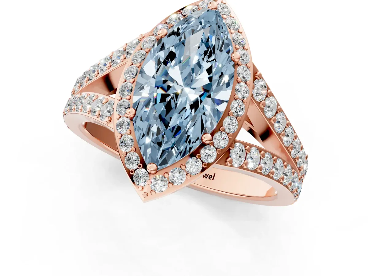 Fancy Blue Marquise Cut Diamond Split Shank Halo Ring with Four-Prong Setting Rose gold