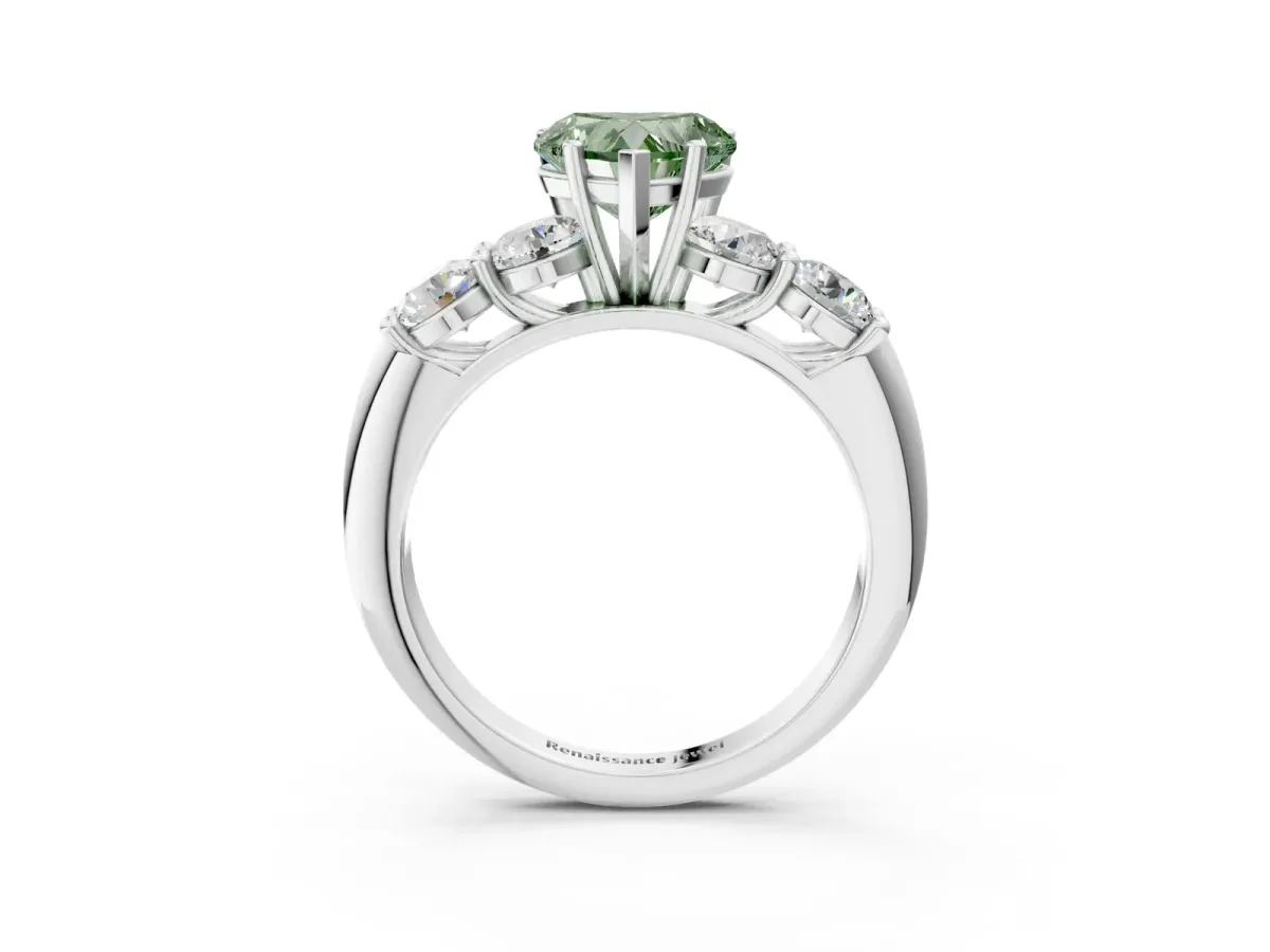 Fancy Green Heart Cut Cut Five-Stone Prong Set Diamond Ring with Classic Band Platinum