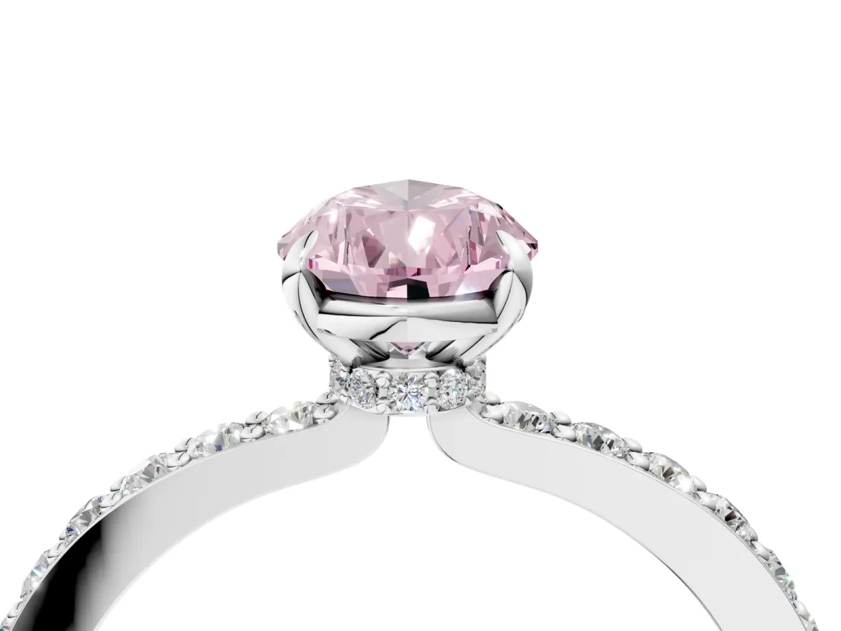 Fancy Pink Pear Cut Diamond Solitaire Engagement Ring with Pavé Band and Four-Prong Setting Silver