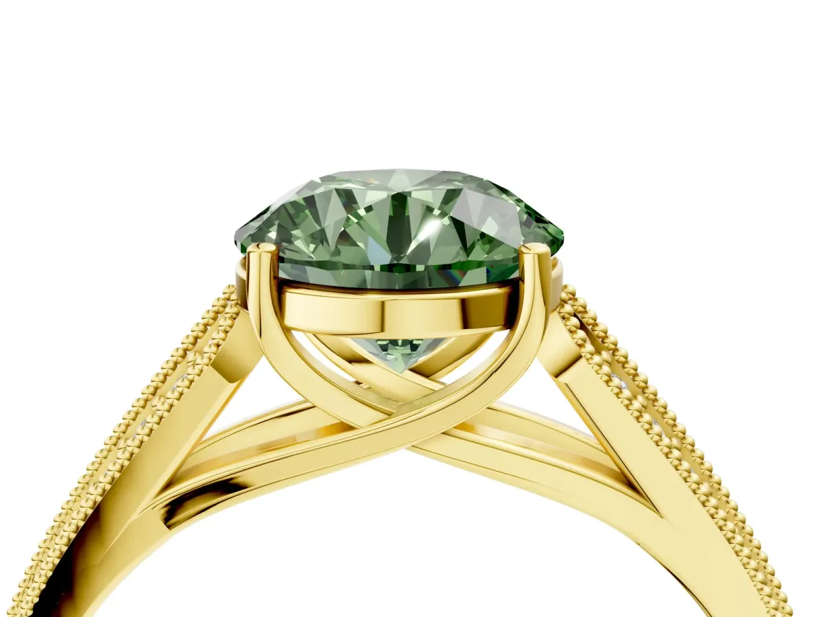 Fancy Green Round Cut Cut Pave Split Shank Engagement Ring with Four-Prong Setting Yellow gold