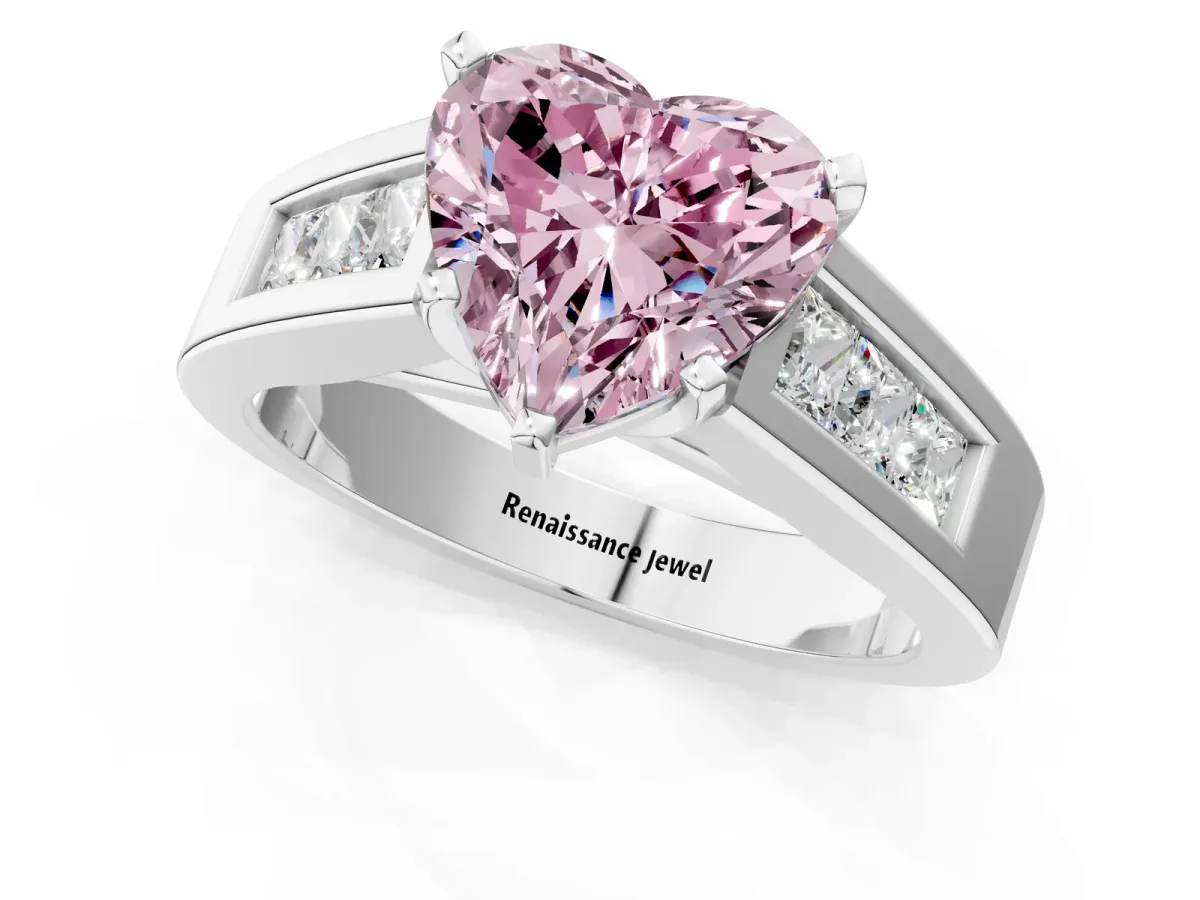 Fancy Pink Heart Cut Cut Channel Set Solitaire Ring with Four-Prong Setting Platinum