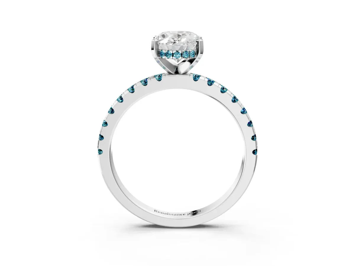 Oval Cut Diamond Solitaire Ring with Round Blue Topaz Pavé Band and Four-Prong Setting Silver