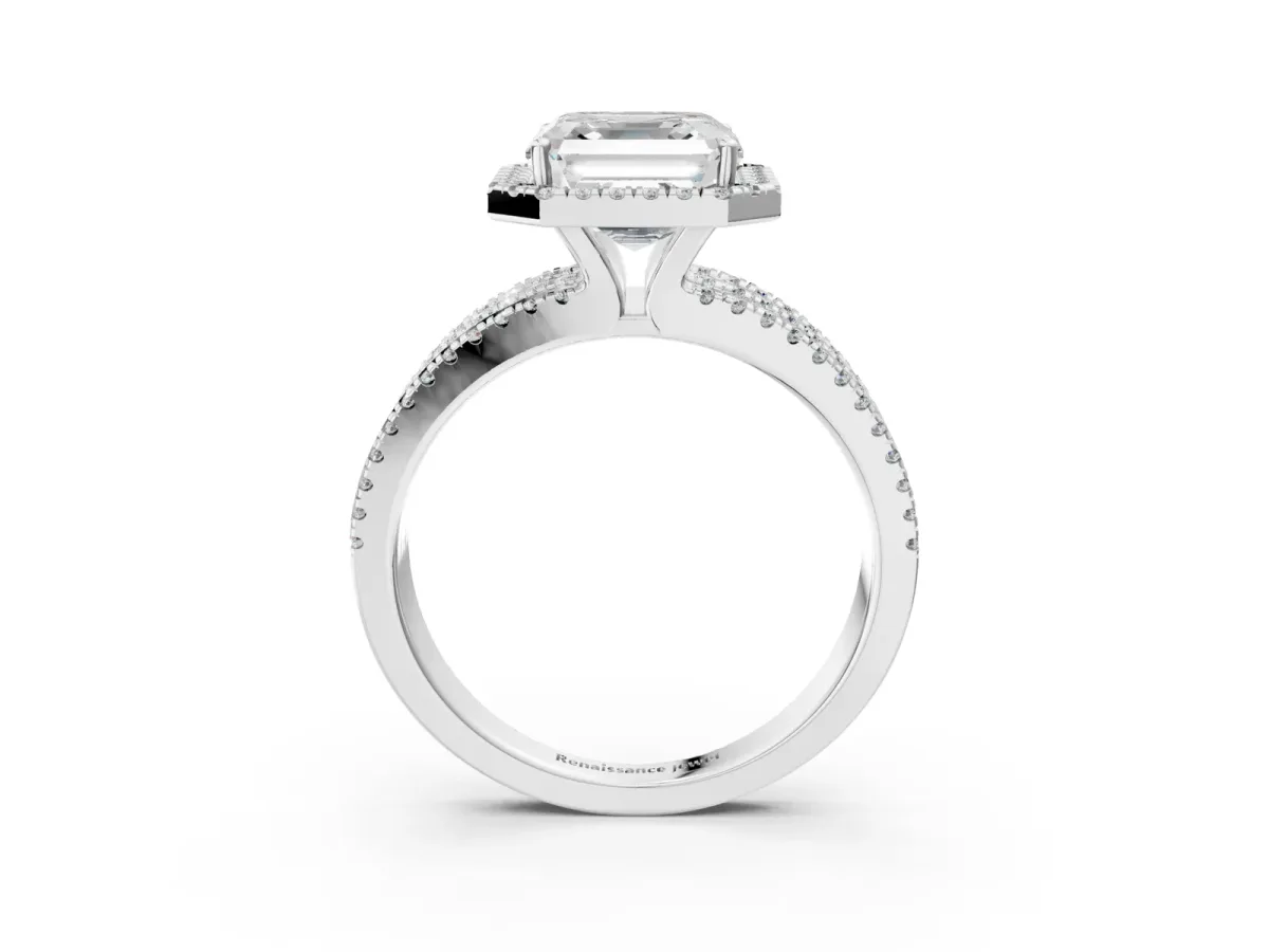 Asscher Cut Diamond Halo Engagement Ring with Split Shank and Four-Prong Setting Platinum