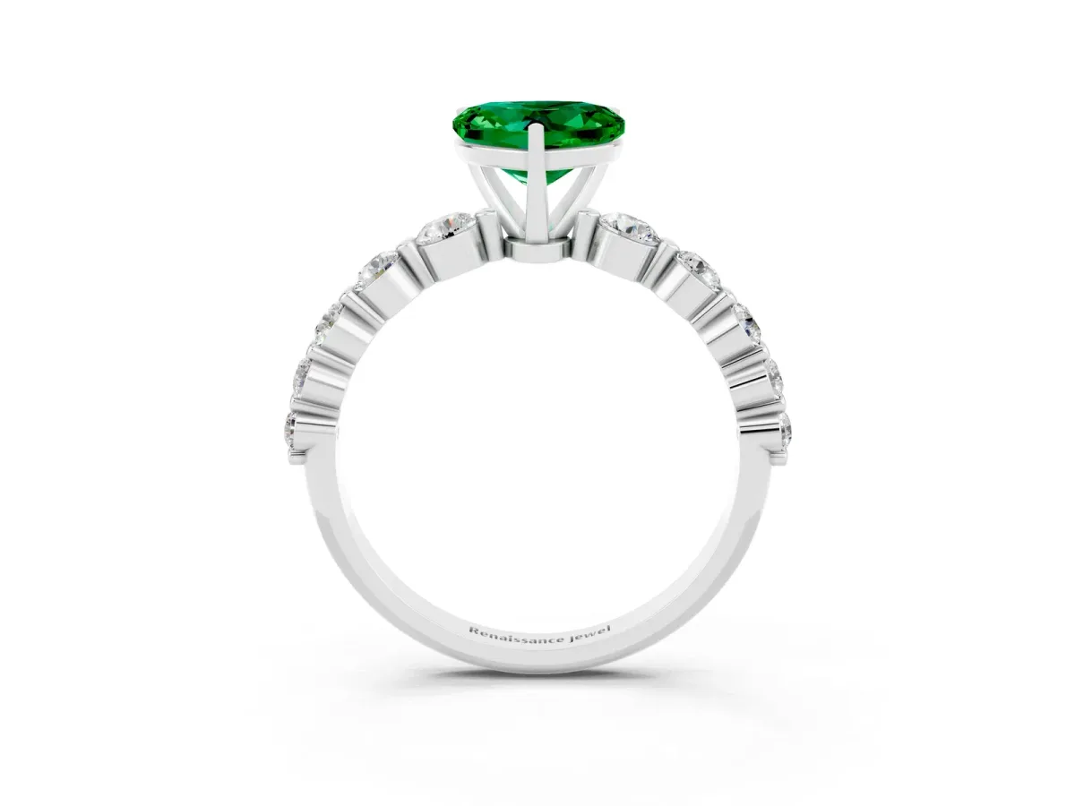 Heart Cut Solitaire Emerald Ring with Pave Band and Four-Prong Setting Platinum