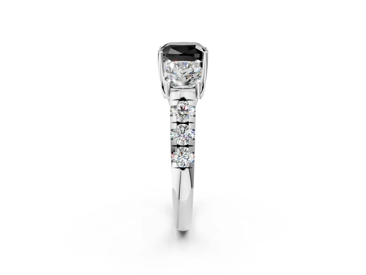 Fancy Black Three-Stone Cushion Cut Diamond Pavé Band with Prong Setting Platinum