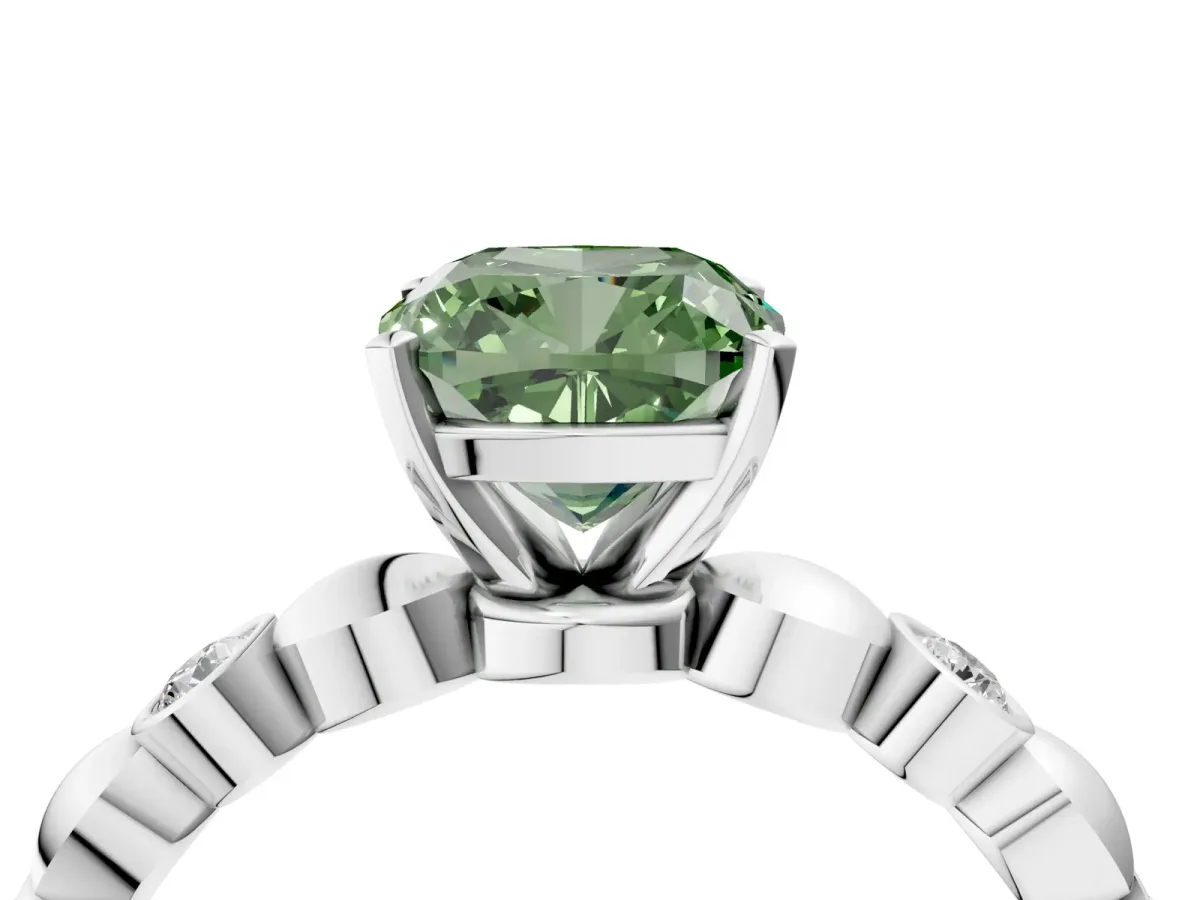 Fancy Green Cushion Cut Solitaire Bezel-Set Diamond Ring with Beaded Band and Four-Prong Setting Silver