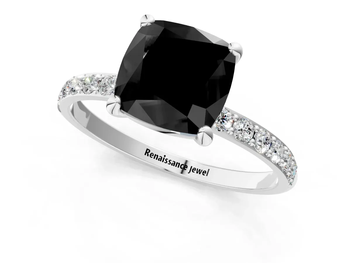 Fancy Black Cushion Cut Diamond Solitaire Ring with Round Pavé Band and Prong Setting Silver
