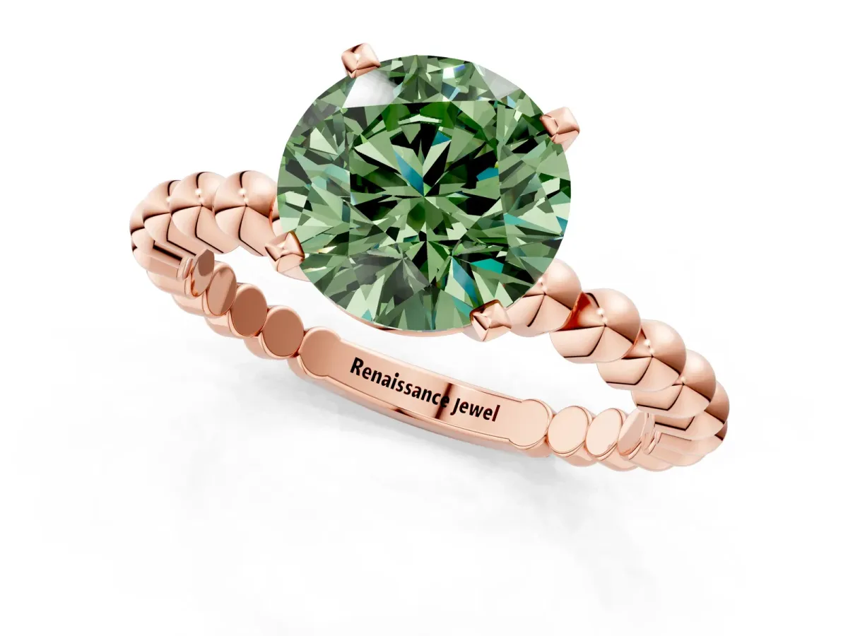 Fancy Green Round Cut Diamond Solitaire Ring with Beaded Band and Prong Setting Rose gold