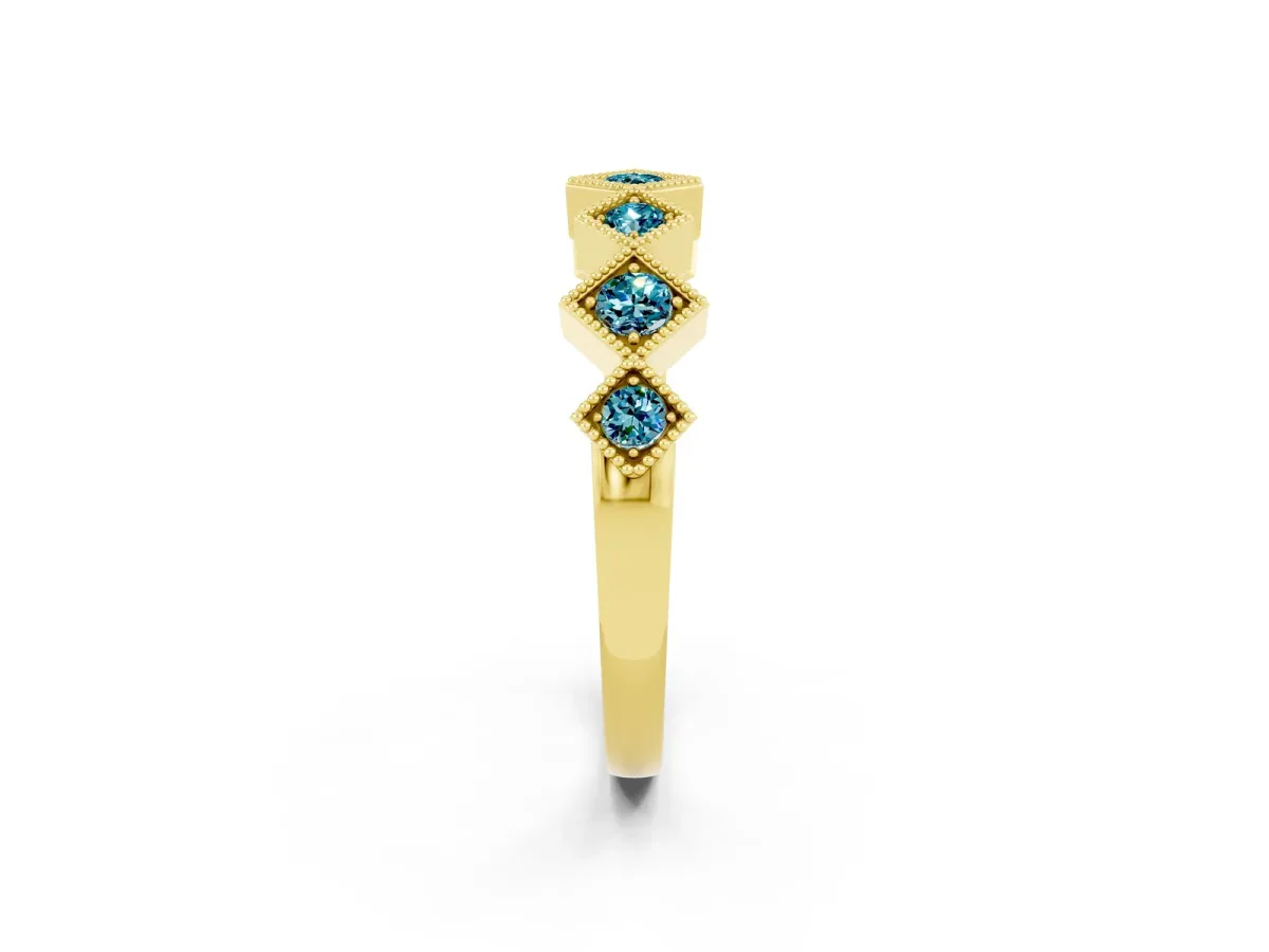 Milgrain Square Bezel Round Blue Topaz Chevron Band Yellow gold