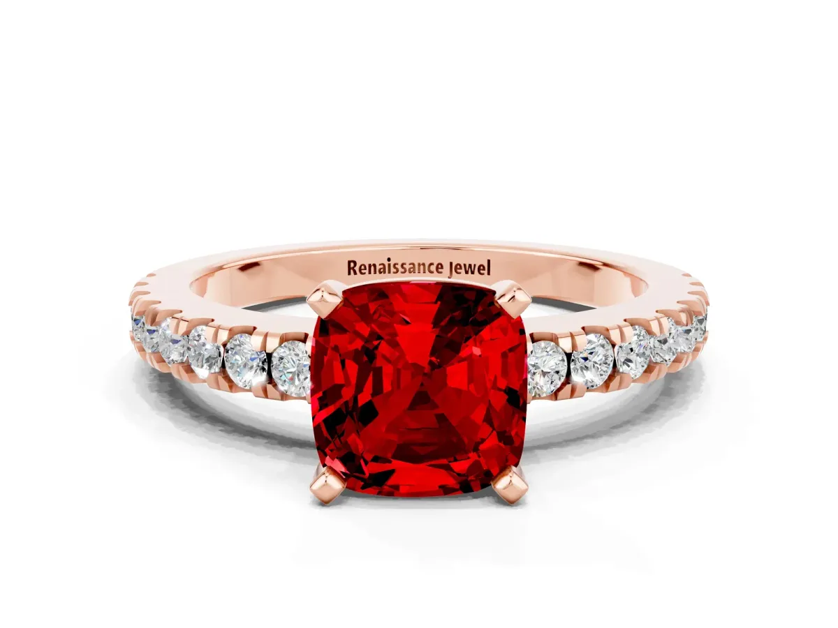Cushion Cut Solitaire Ruby with Pavé Band and Four-Prong Setting Rose gold