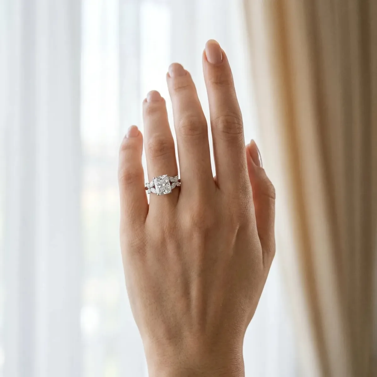 Radiant Cut Diamond Floral Cluster Ring with Solitaire Band and Prong Setting Platinum