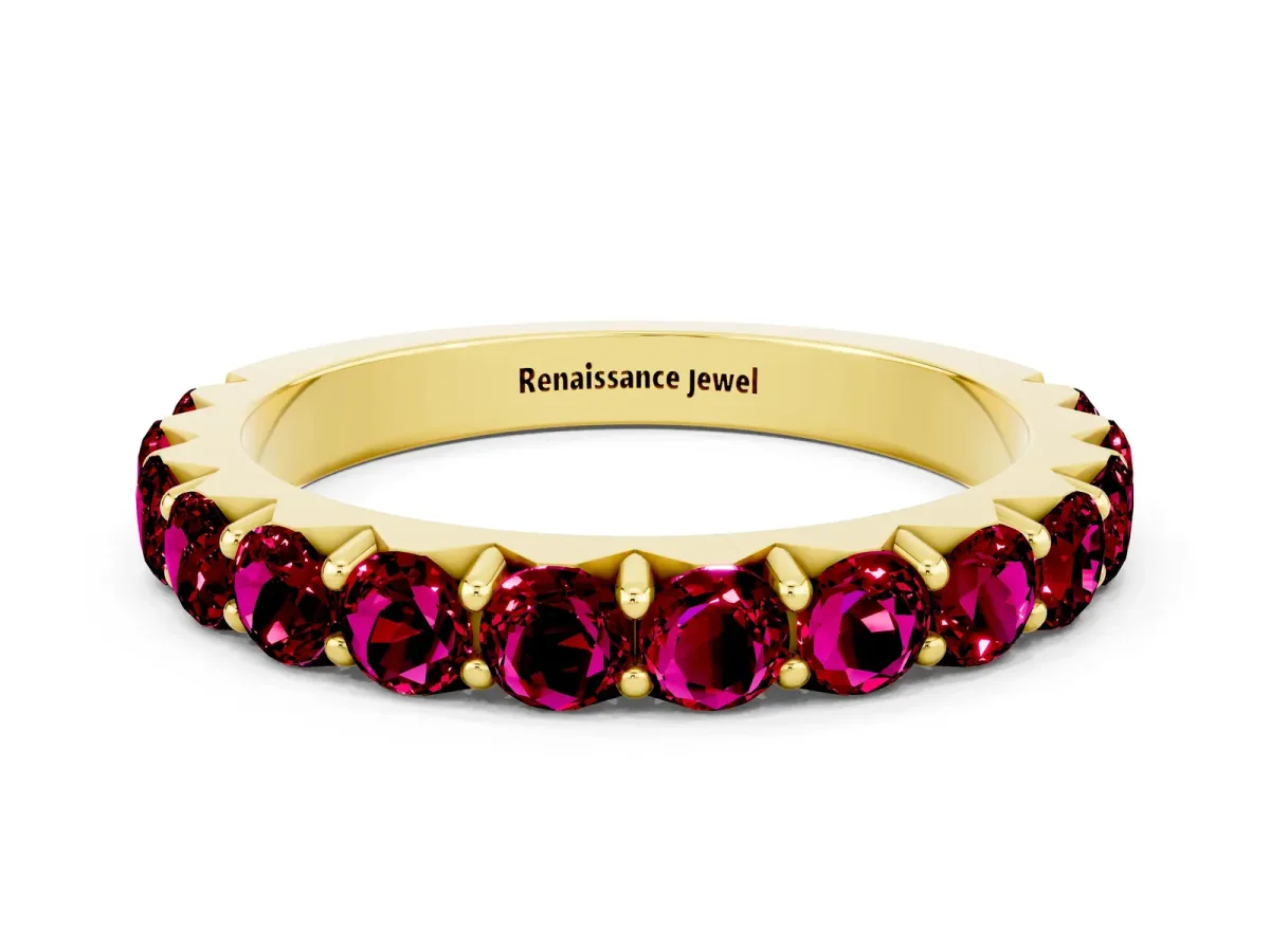 Round Garnet Half Eternity Band with Classic Prong Setting Yellow gold