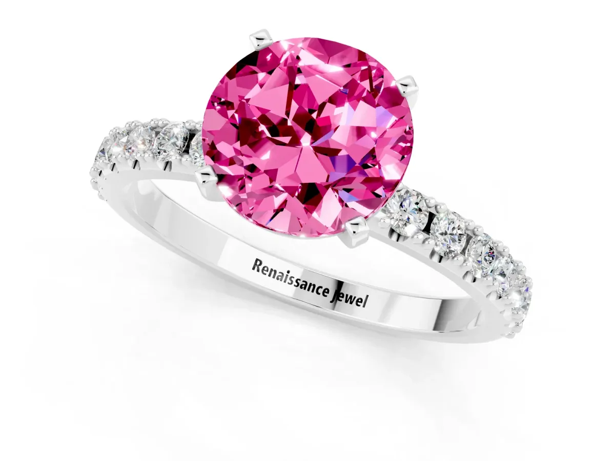 Round Cut Pink Sapphire Solitaire Pavé Band with Four-Prong Setting Silver
