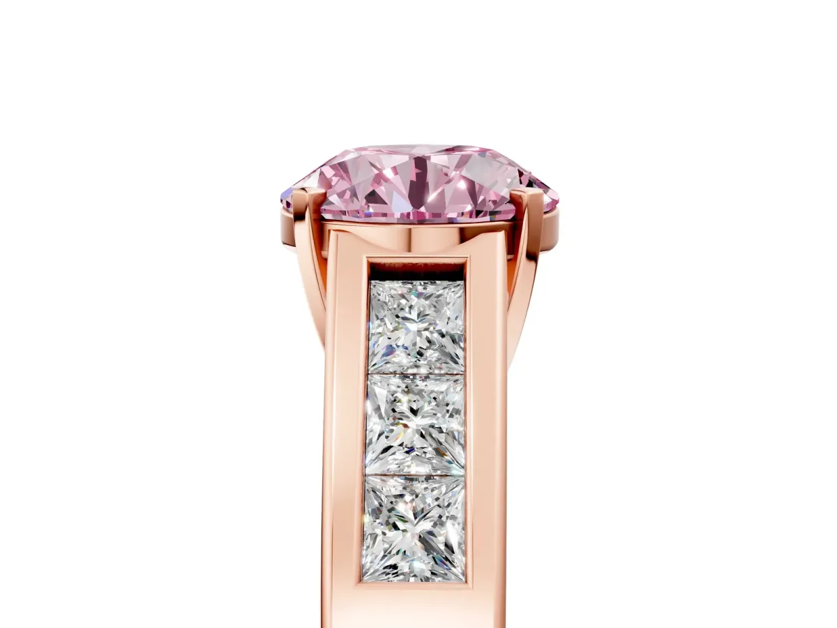 Fancy Pink Round Cut Cut Channel Set Solitaire Ring with Four-Prong Setting Rose gold