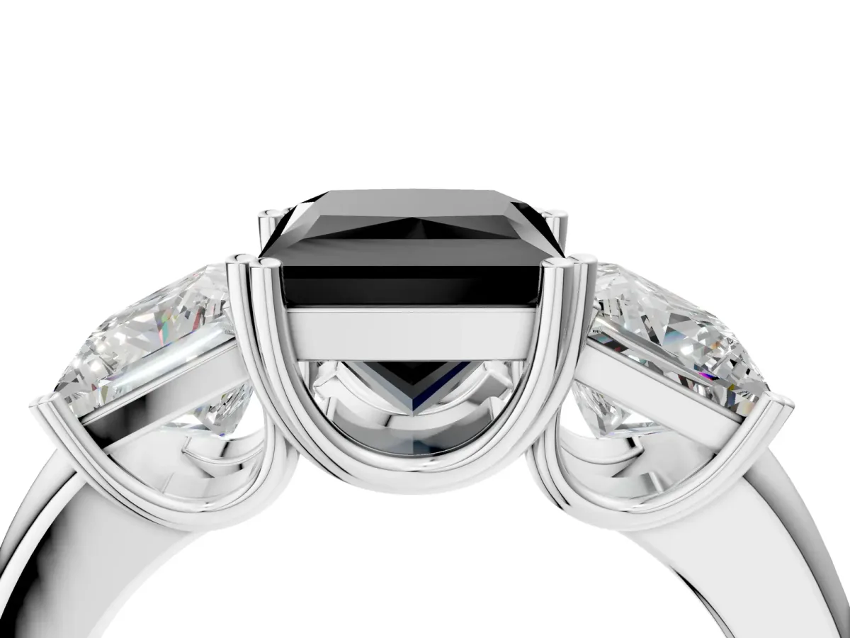 Fancy Black Three-Stone Princess Cut Cut Diamond Ring with Channel Set Band and Four-Prong Setting Silver