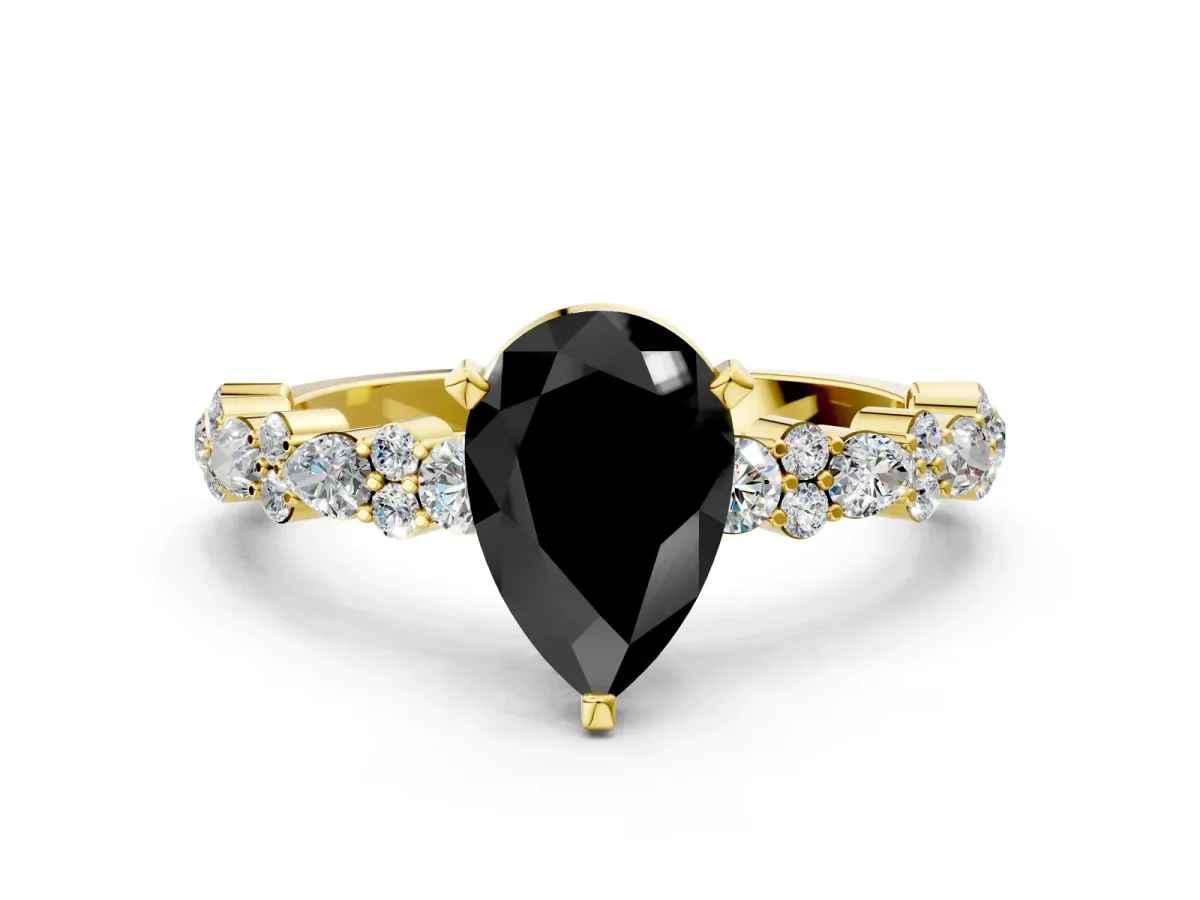 Fancy Black Pear Cut Diamond Side Stone Solitaire Ring with Round and Four-Prong Setting Yellow gold