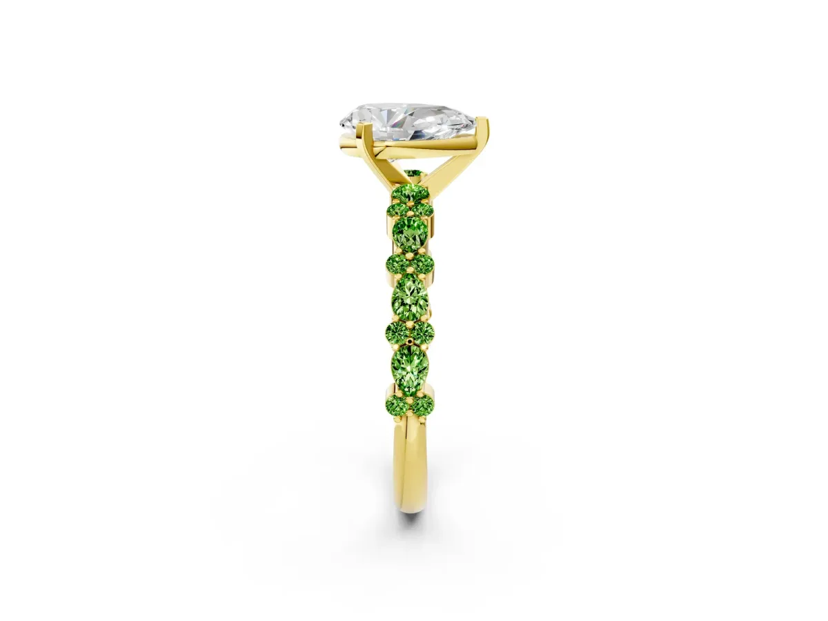 Pear Cut Diamond Side Stone Solitaire Ring with Round Peridot and Four-Prong Setting Yellow gold