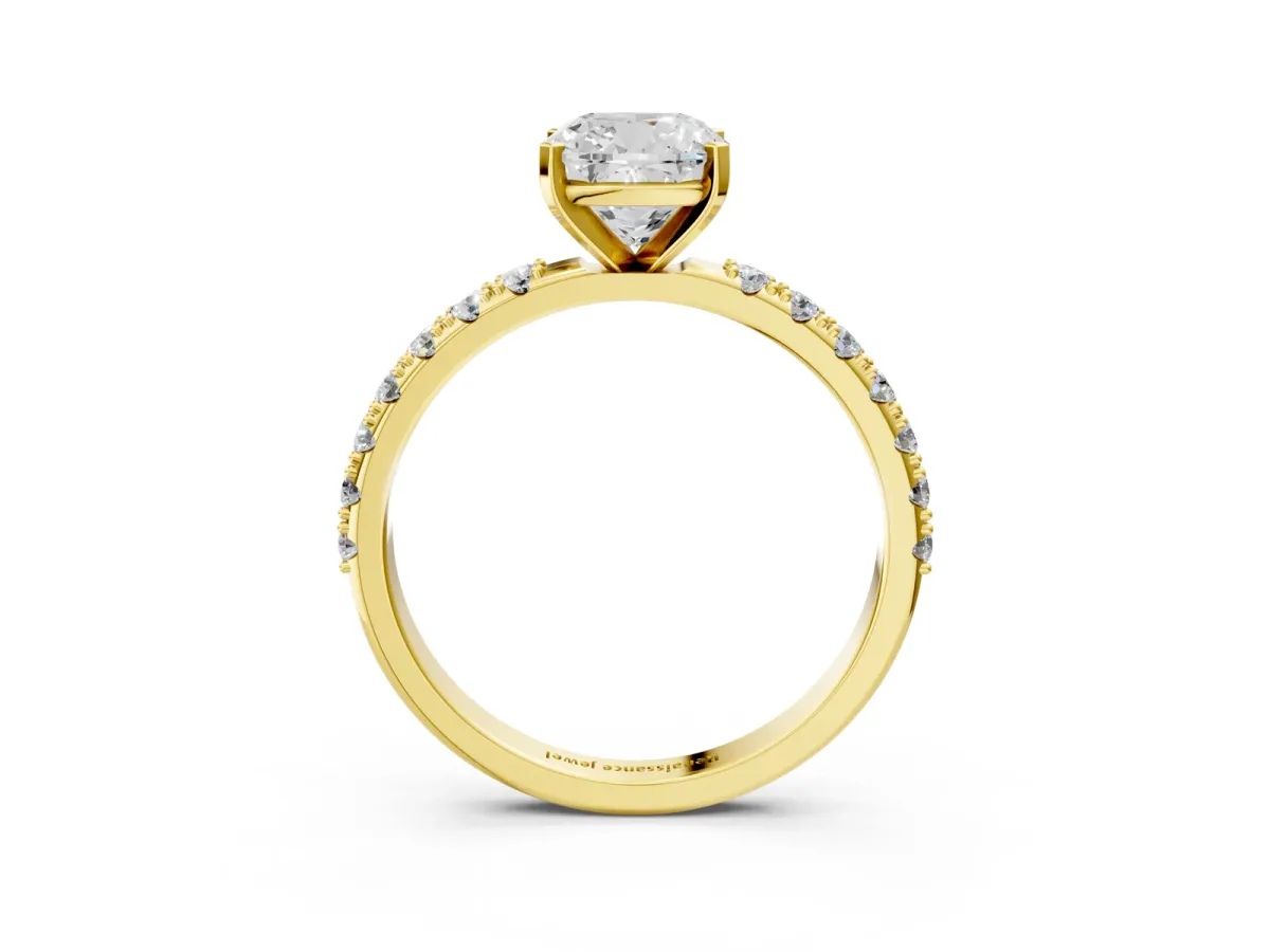 Cushion Cut Diamond Solitaire Pavé Band with Four-Prong Setting Yellow gold