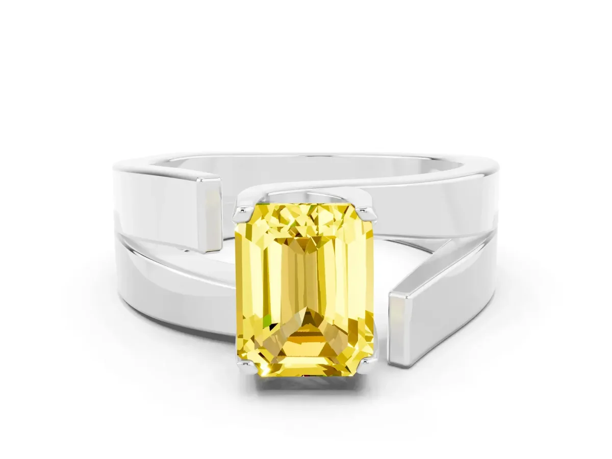 Modern Tension Set Emerald Cut Yellow Sapphire Solitaire Wide Band Ring Silver
