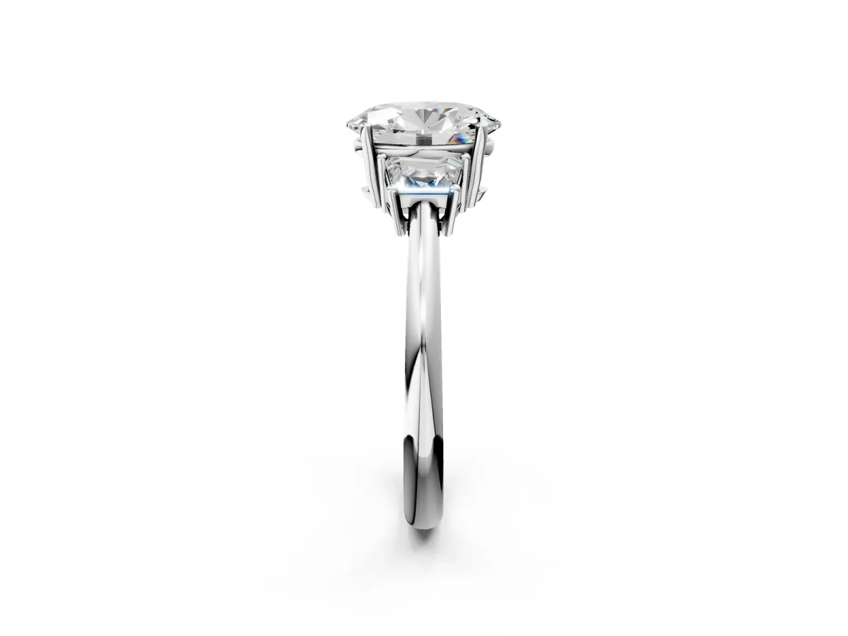 Oval Cut Diamond Three-Stone Ring with Trapezoid Side Stones and Prong Setting Platinum
